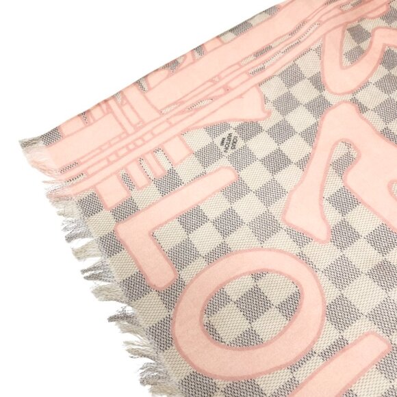 LOUIS VUITTON Vintage Damier Azur Tahitienne Logo Scarf Wrap Pink Gray [105046] - Picture 9 of 11